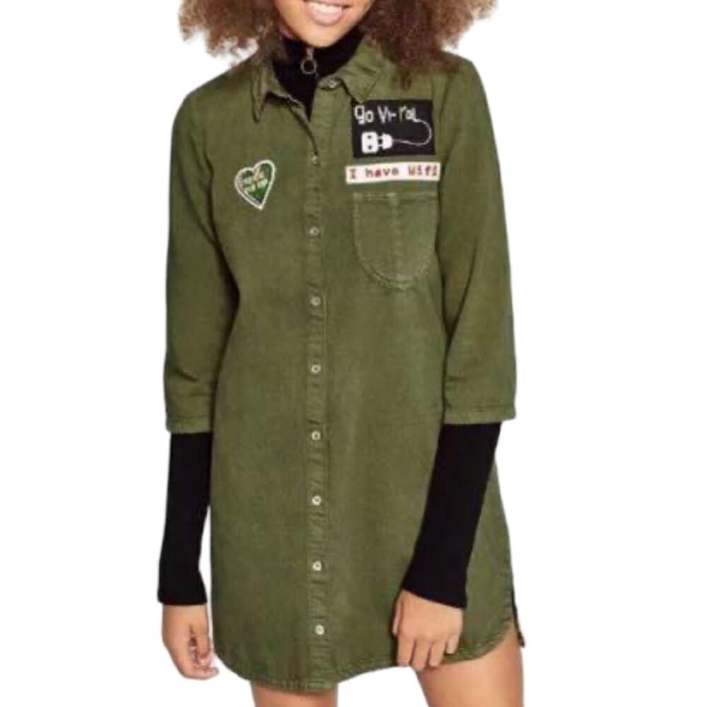 Zara Olive Green Patches Denim Button Down 3/4 Sleeve Shirt Dress sz S Trafaluc